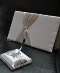 White Wedding Guest Register Book - Silver Sach & Diamante Ring  + Silver Pen & Stand